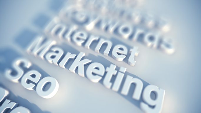 Wörter zu Internet-Marketing, SEO und Keywords in 3D-Optik dargestellt.