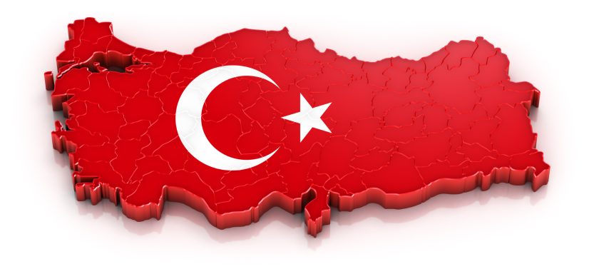 Karte von Türkei in Rot mit weißem Stern und Mond auf der Landkarte.