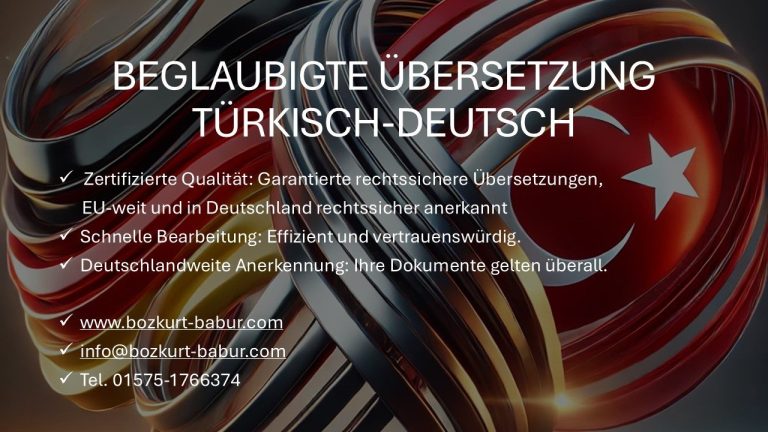 Beglaubigte Übersetzung Türkisch-Deutsch mit Kontaktdaten und Fachgebieten.